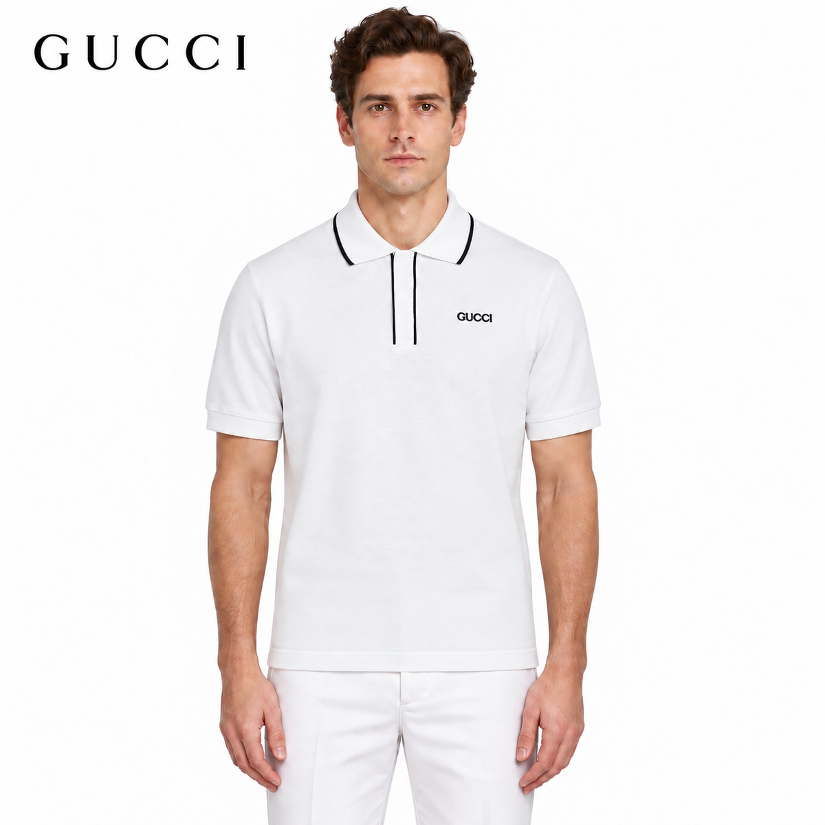 Gucci Embroidered Logo Polo Shirt — White Piqué