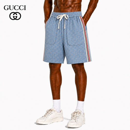 Gucci GG Monogram Denim Shorts with Web Stripe