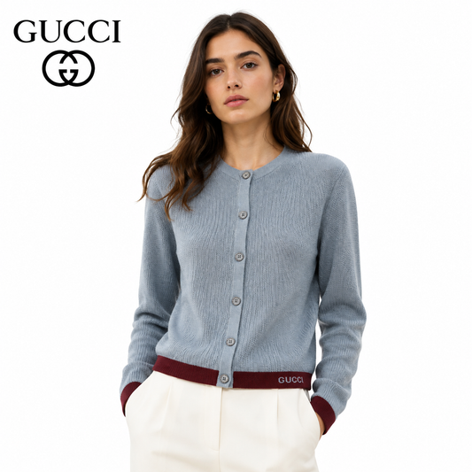Gucci Signature Ribbed Knit Cardigan in Sky Blue