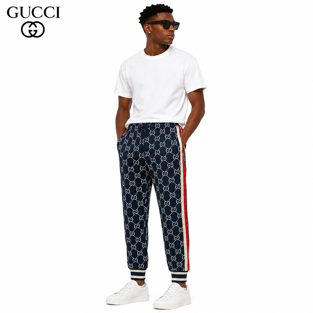 Gucci GG Monogram Jogger Pants – Navy Blue with Web Stripe